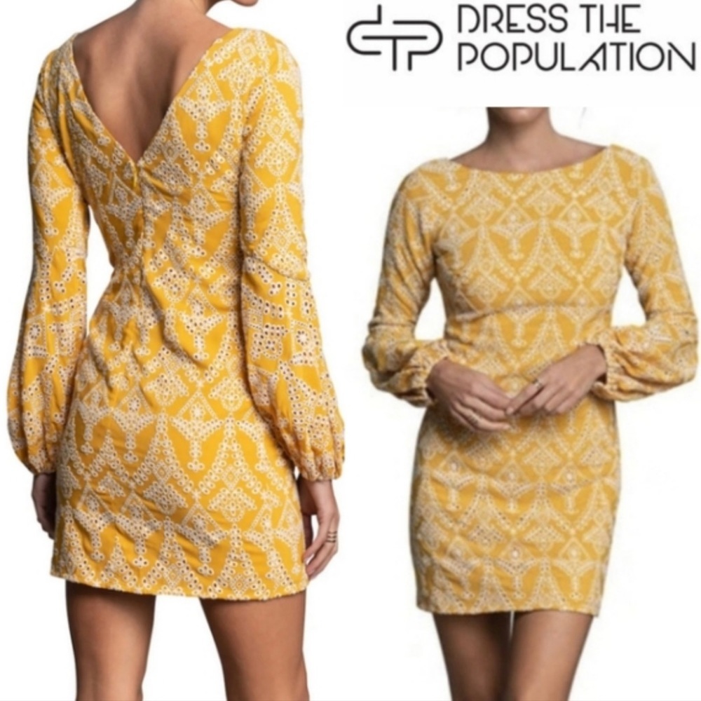 DRESS THE POPULATION Marigold Eyelet yellow DRESS open back